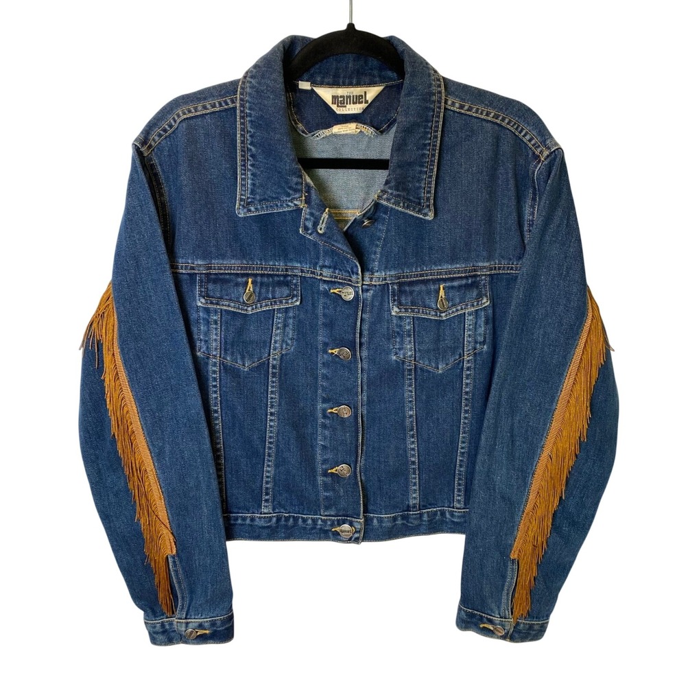Vintage The Manuel Collection Denim Jacket Women XL Blue Fringe Western Rodeo